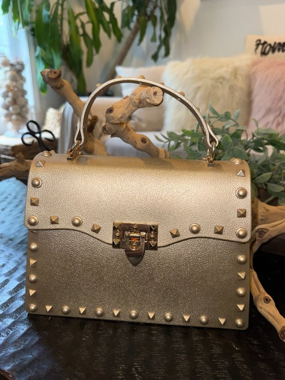Gold Faux Leather Handbag with Pyramid-Stud Trim